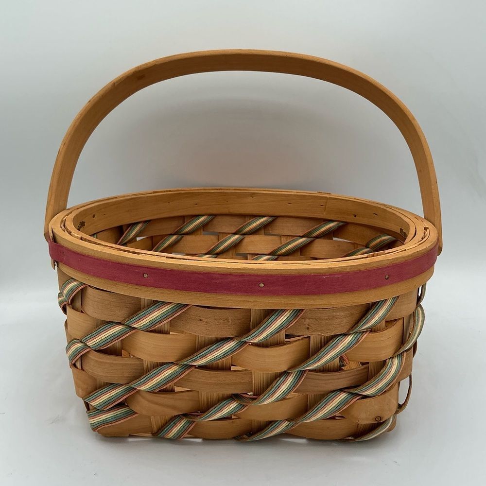 Striped Handwoven Round Basket Hinged Handle Pink/Green